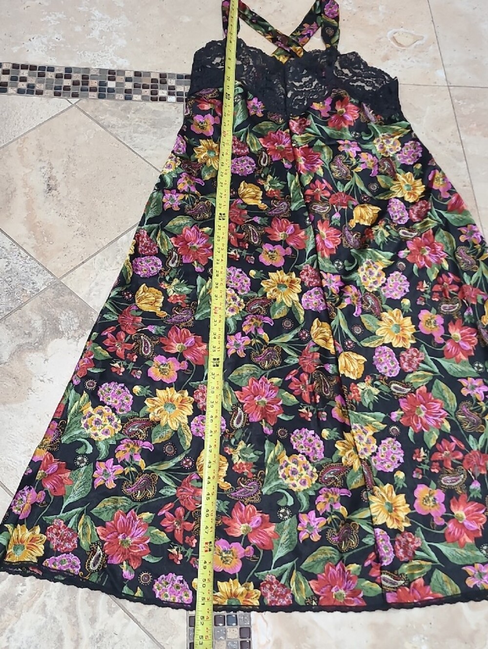 Vanity Fair Vintage Black Floral Lace Maxi Dress with Pink and Yellow Blooms - Picture 6 of 16